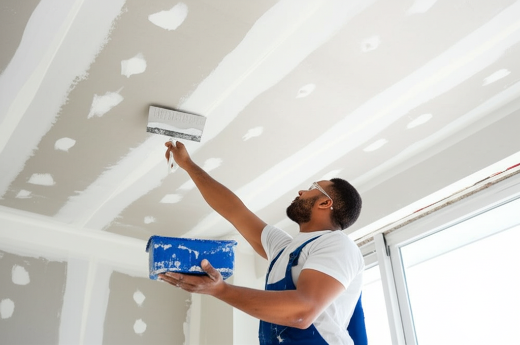 Technician repairing water damaged ceiling in Manhattan Beach property
