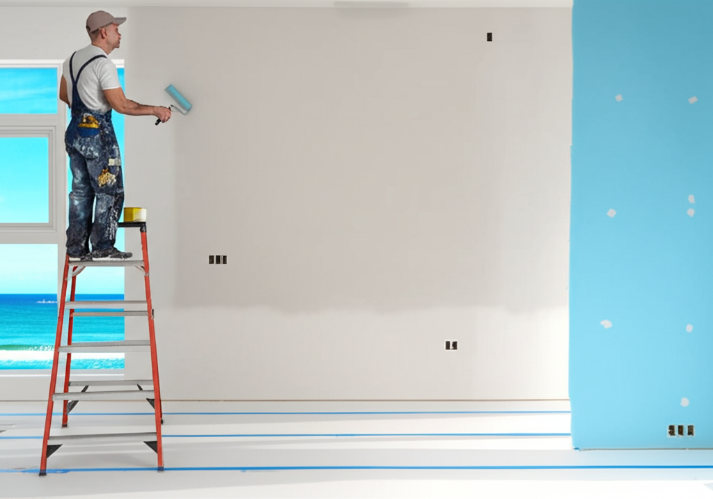 Professional painter applying finish coat to new drywall in Manhattan Beach home