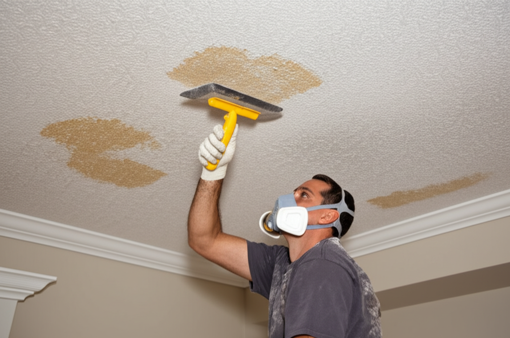 Worker carefully removing popcorn ceiling in Manhattan Beach residence