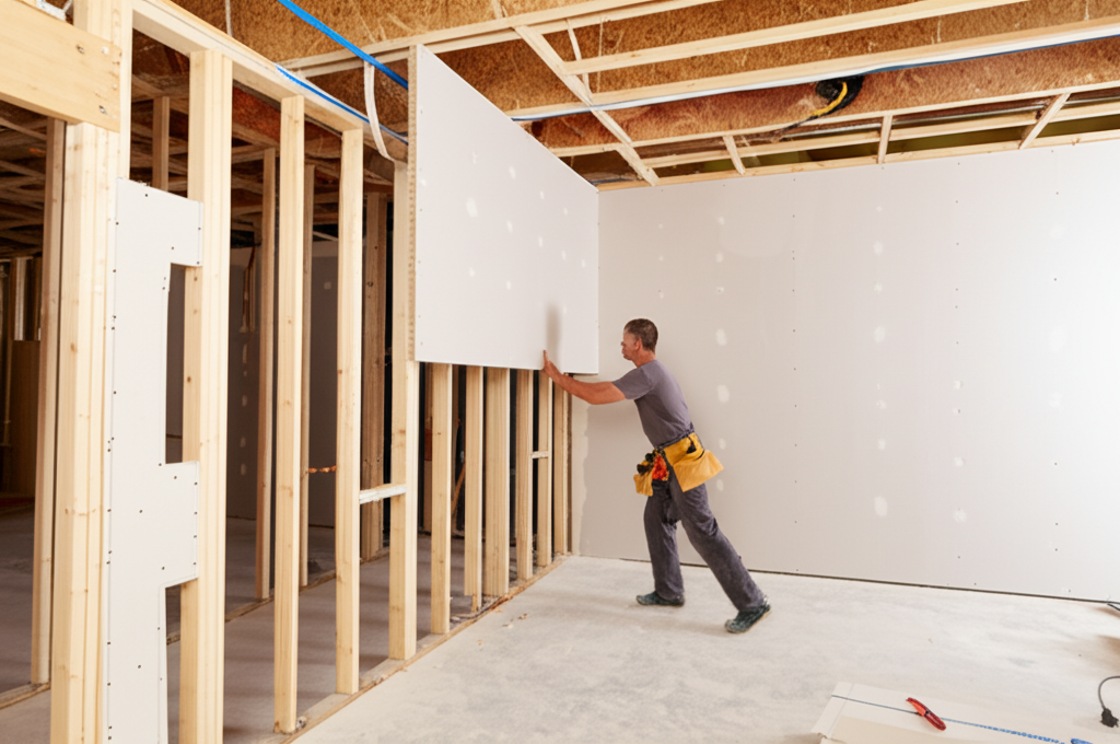 Worker installing new drywall in Manhattan Beach